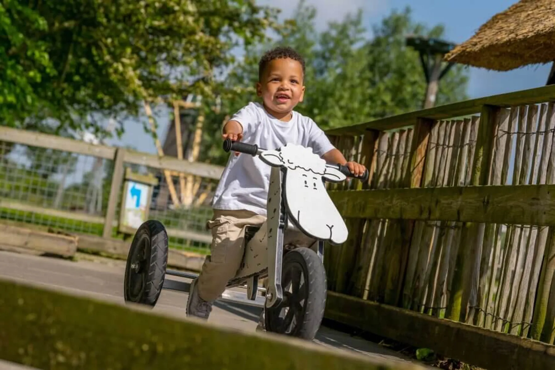 Jong kind fietst vrolijk op houten loopfiets met schaap