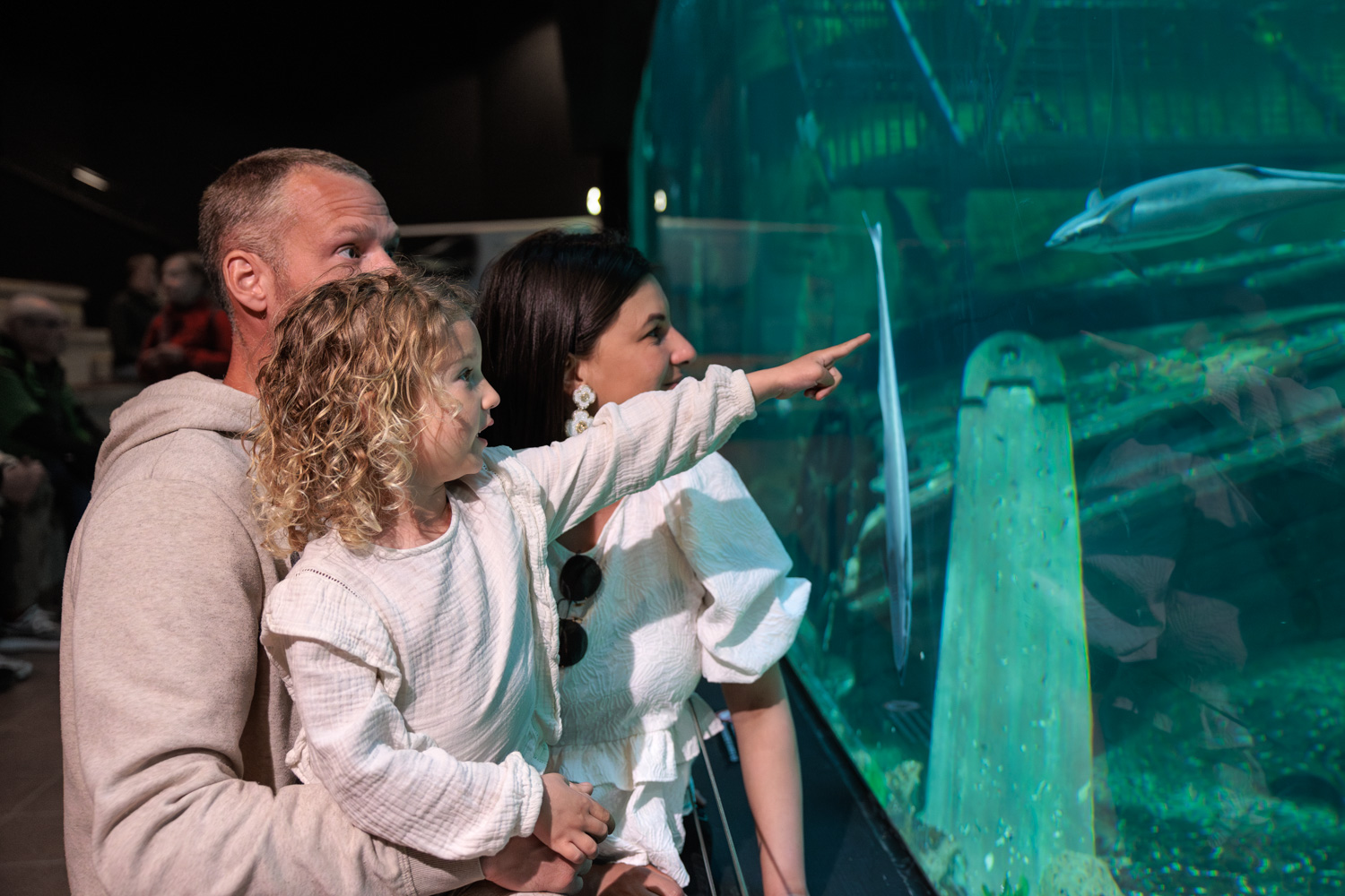 Kind wijst enthousiast naar vissen in het zeeaquarium