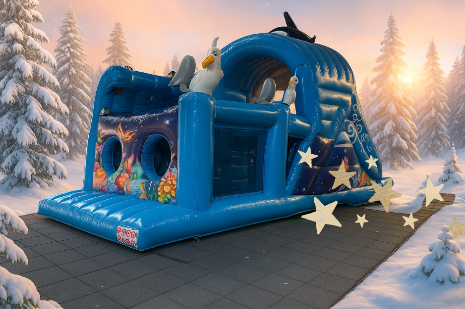 Een groot blauw onderwater-thema springkussen staat in een fictief winterlandschap met besneeuwde bomen en warm zonlicht.