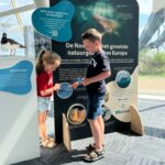 Twee kinderen bekijken een interactief paneel in een tentoonstellingsruimte over de Noordzee, met informatieborden, afbeeldingen van zeehonden en een model van een vogel op de achtergrond.